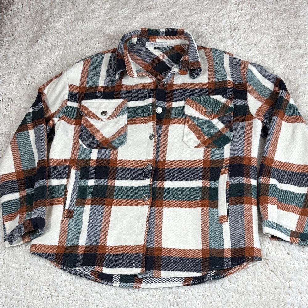 Miss Sparkling Women's Shacket, Plaid With Fall Colors, Size Medium